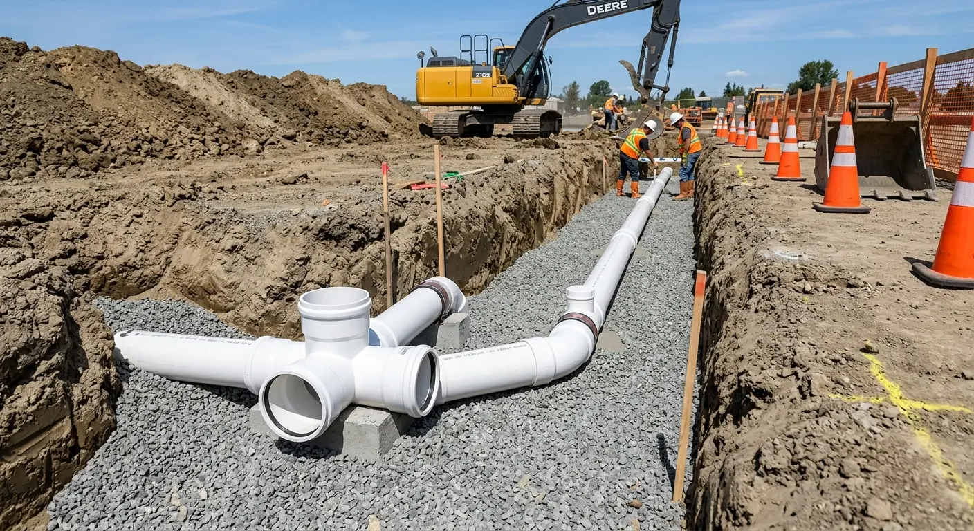 New PVC sewer pipe installation in open trench for Grease Trap Cleaning in Lansing